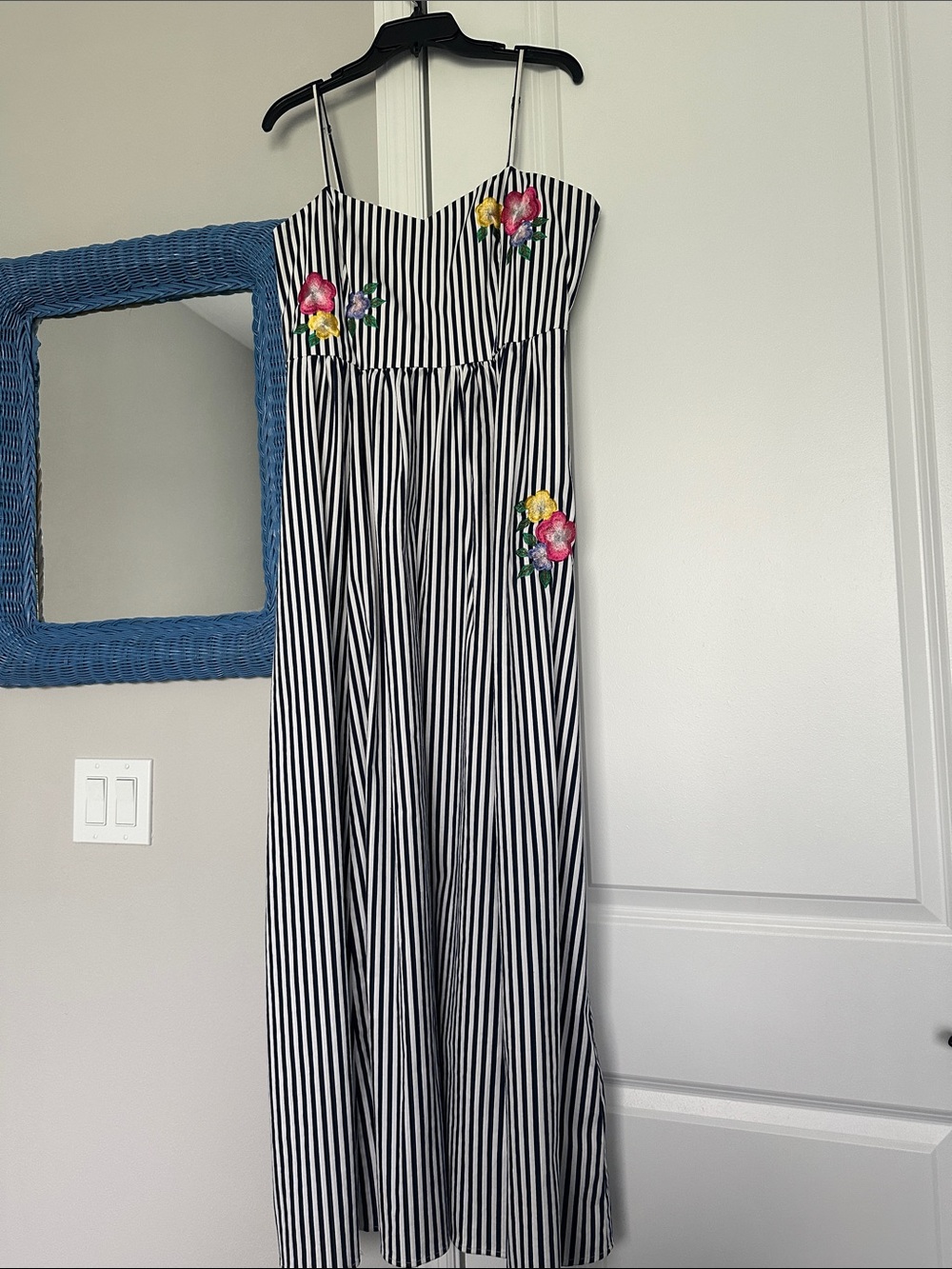 Striped Spaghetti‑Strap Maxi Dress with Floral Appliqués